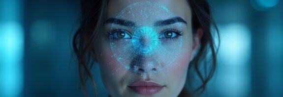 Skan tęczówki i selfie połączone w futurystycznej, cyfrowej grafice weryfikacji biometrycznej.