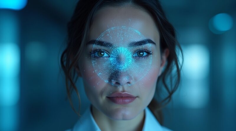Skan tęczówki i selfie połączone w futurystycznej, cyfrowej grafice weryfikacji biometrycznej.