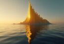 Złota fala jak wieżowiec, podwójne odbicie w oceanie o świcie, granat i bursztyn.
