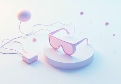 Minimalistyczne okulary XR podłączone do modułu obliczeniowego na tle geometrycznych kształtów.