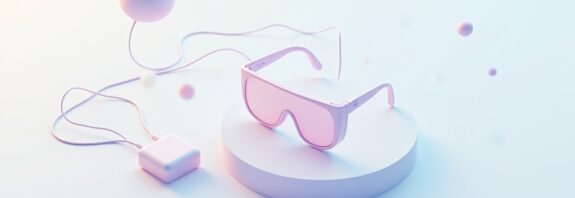 Minimalistyczne okulary XR podłączone do modułu obliczeniowego na tle geometrycznych kształtów.