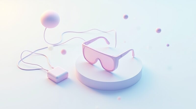 Minimalistyczne okulary XR podłączone do modułu obliczeniowego na tle geometrycznych kształtów.