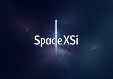 Logo SpaceXSI: rakieta wznosząca się w kosmicznej mgławicy, symbol postępu technologicznego.