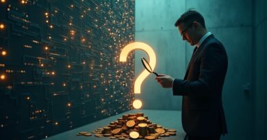 Labirynt AI i biznesmen z lupą nad malejącymi monetami, symbolizujący niepewność zwrotu z inwestycji w technologię.