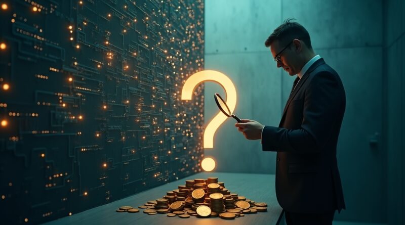 Labirynt AI i biznesmen z lupą nad malejącymi monetami, symbolizujący niepewność zwrotu z inwestycji w technologię.